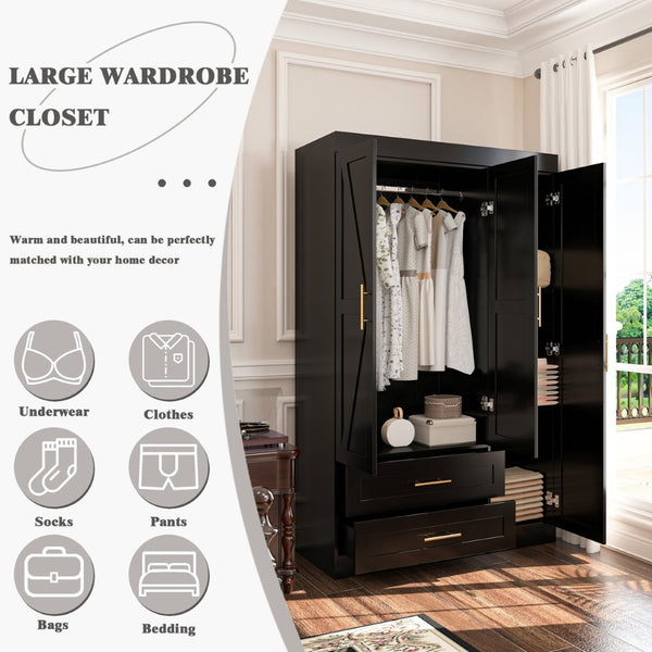English Elm Shaker Three Door Wardrobe Armoire with Hanging Rod and Shelves for Bedroom Black T3210S00006