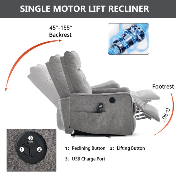 English Elm Beige Chenille Power Lift Recliner with Massage Heat and Usb for Senior Comfort Light Gray W1803P369078