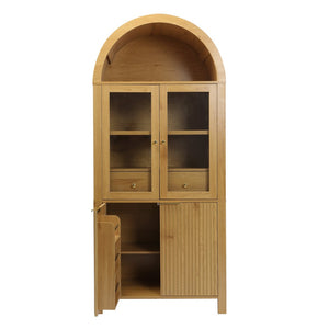 English Elm 71" Arched Glass Barn Door Pantry Cabinet Farmhouse Mdf Storage for Kitchen Dining Oak W2917S00015