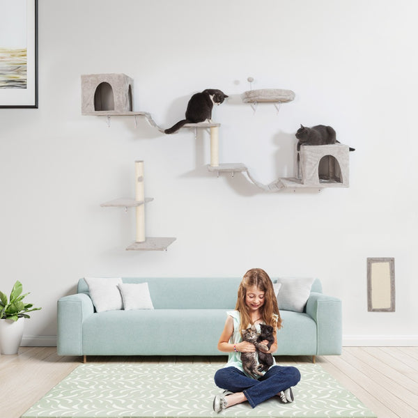 English Elm Wall-mounted Cat Tree System with Dual Condos Sisal Ladders Shelves and Perch W2181P357585