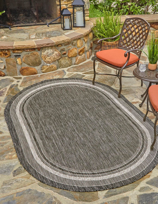 Unique Loom Outdoor Border Soft Border Machine Made Border Rug Black, Ivory 5' 3" x 8' 0"