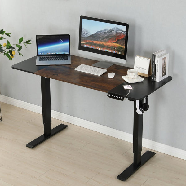 English Elm 55"×24" Electric Sit Stand Desk Steel Frame with Memory Presets and Usb-c Charging Port Black+Brown W614P376260