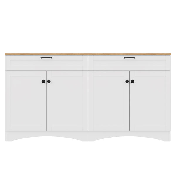 English Elm ON-TREND Farmhouse TV Stand 62.9" Rustic Wood-Grain Top with 2 Drawers, Adjustable Shelves, Stable Storage for Living Room Bedroom Dining White N721P245732K