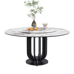 English Elm 53" Round Sintered Stone Dining Table With Lazy Susan, Black Steel Base - Stylish & Durable Design W2699S00040