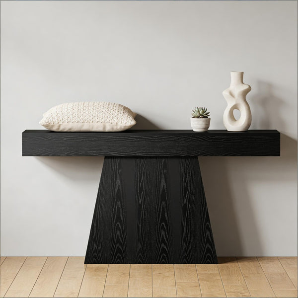 English Elm Practical Geometric Console Table with Matte Black Wood Grain Finish for Entryway or Sofa T3971P450227