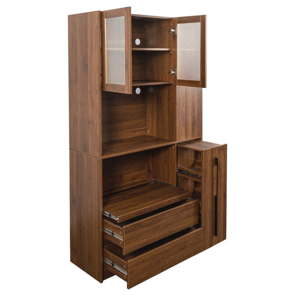 English Elm 70.87" Tall Pantry Cabinet with Pull-Out Multi-Tier Shelves, Drawers & Glass Door for Organized Kitchens W331S00197 W331S00197