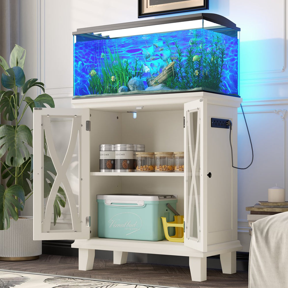 English Elm 20 Gallon Fish Tank Stand with Built-In Power Outlets & USB, Farmhouse Style Aquarium Cabinet with Adjustable Shelves and Heavy-Duty 298lb Tabletop Capacity Beige N704P350196A