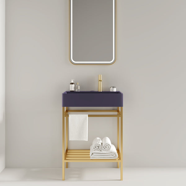 English Elm LOFI Ceramic Integrated Bathroom Vanity 24" with Rectangular Basin, Open Metal Shelf, Easy Clean Gold,Purple W2615S00081