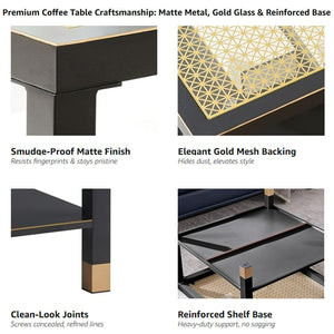 English Elm Industrial Square Coffee Table with Gold Mesh Tempered Glass Top and Matte Steel Legs Black+Gold W3587P456249