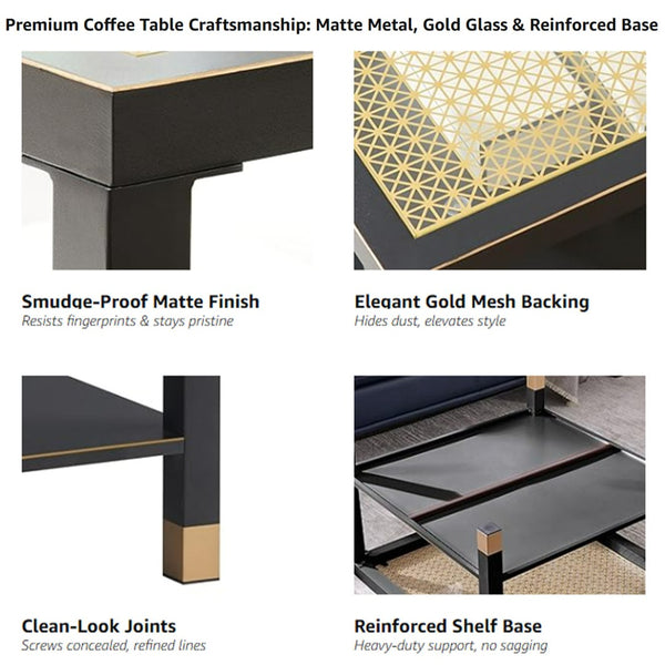 English Elm Industrial Square Coffee Table with Gold Mesh Tempered Glass Top and Matte Steel Legs Black+Gold W3587P456249