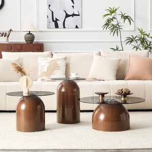 English Elm Nesting Coffee Tables Set of 3 Round Tempered Glass Tops Walnut Steel Base Living Room W2920S00149