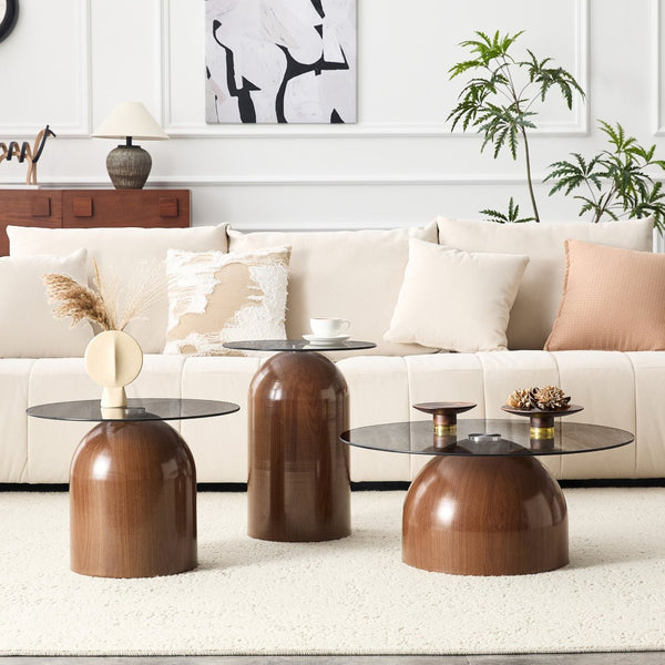 English Elm Nesting Coffee Tables Set of 3 Round Tempered Glass Tops Walnut Steel Base Living Room W2920S00149
