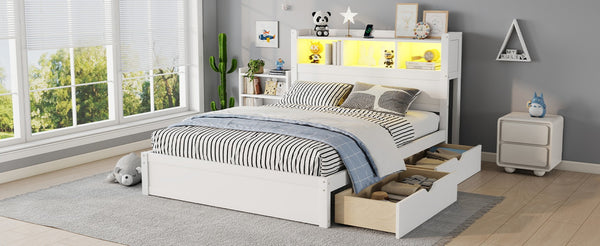 English Elm Twin Wood Storage Bed with Led Headboard Drawers and Pull Out Cabinet for Kids White W2593S00050