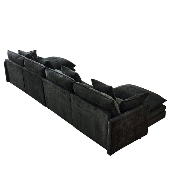 English Elm 140.9-inch U-shaped Modular Sectional Sofa with Ottomans Chenille Cloud Cushions Black W288S00030