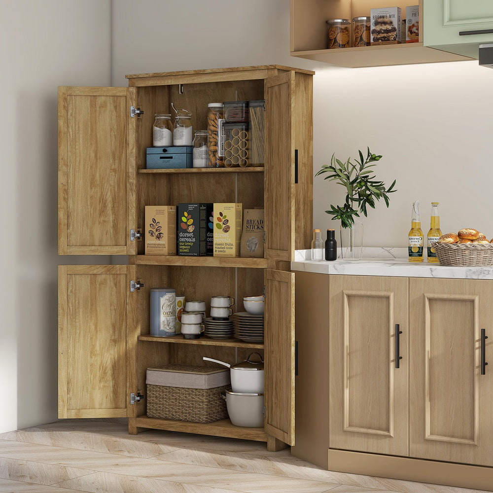 English Elm HOMCOM 64" Rattan Kitchen Pantry Cabinet with Adjustable 6-Level Shelf, Anti-Tip, Boho Storage W2225P173913