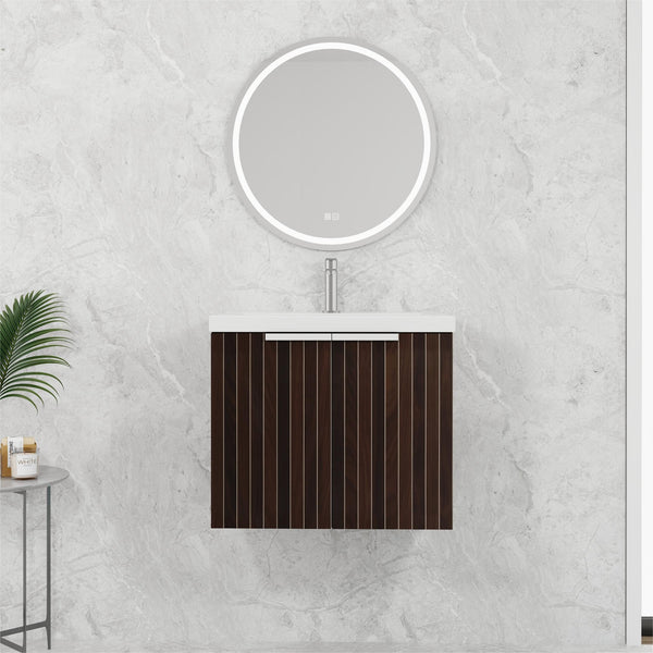 English Elm 24 Inch Silver-Brown Stripe Wall-Mounted Vanity with Resin Sink, Soft-Close Doors & Ample Storage W999P204936