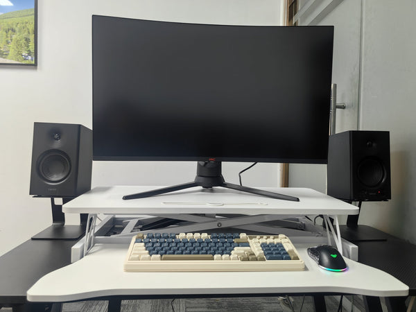 English Elm 32 Inch Sit-Stand Desk Converter, Height Adjustable to 19.8", Dual Monitor/Laptop Workstation, White, Sturdy W2641P251901