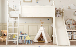 English Elm Twin Loft Bed Solid Pine Frame with Wardrobe Shelving Detachable Slide Kids Room Beige W5305S00018