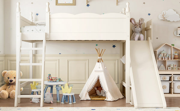 English Elm Twin Loft Bed Solid Pine Frame with Wardrobe Shelving Detachable Slide Kids Room Beige W5305S00018