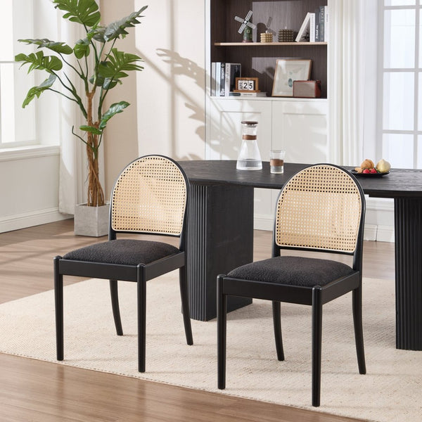 English Elm Rattan Backrest Dining Chairs Set of 2 Teddy Fabric Cushion Solid Wood Legs Kitchen Black W3244P475533