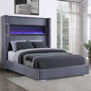 English Elm Haven Plush Grey Upholstered Queen Bed with Corduroy Texture and Remote-Control LED Flame Box Ambience B062P342729