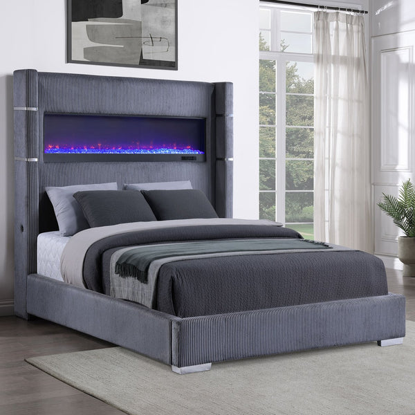 English Elm Haven Plush Grey Upholstered Queen Bed with Corduroy Texture and Remote-Control LED Flame Box Ambience B062P342729