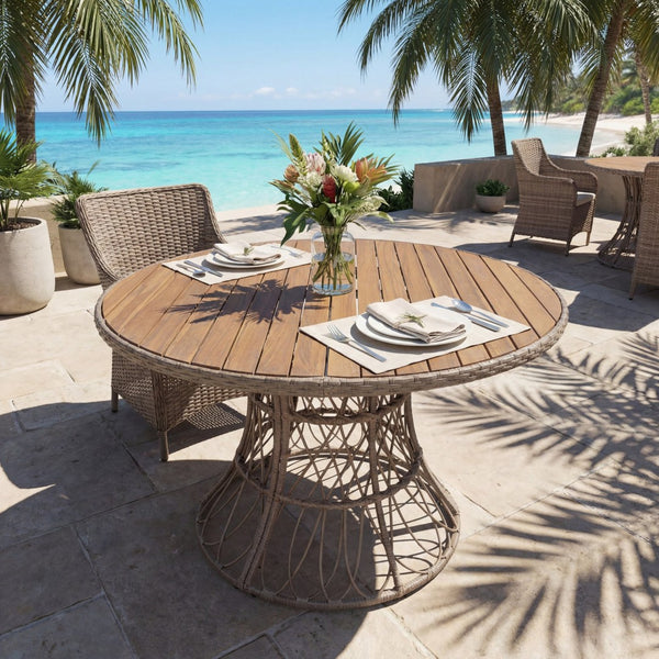 English Elm Durable Outdoor Round Acacia Wood Wicker Dining Table Seats Six Patio Entertainer Brown N770P345268D