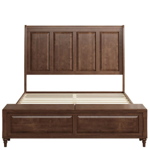 English Elm Queen Sleigh Bed Solid Rubberwood Walnut Finish Curved Headboard Footboard Storage Bench W1716S00034
