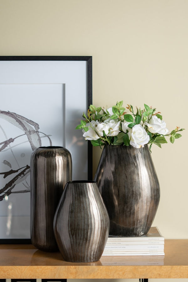 English Elm 7x7x17" Aluminum Layered Chisel Oval Vase — Tall Smoke Finish Metallic Orb Centerpiece for Entryway W2078P316490