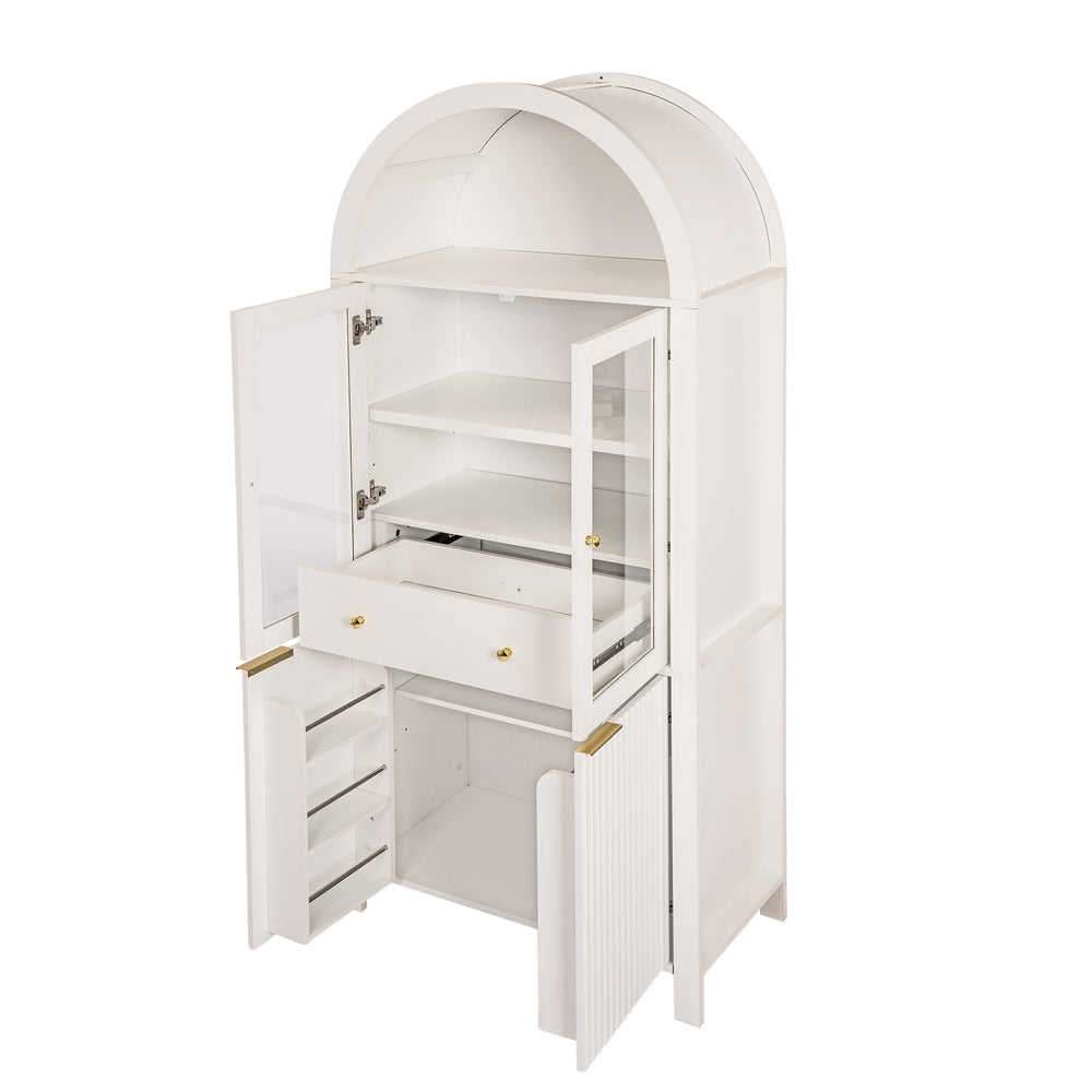 English Elm 71" Fluted Tall Arched Pantry Cabinet with Tempered Glass Door, Adjustable Shelves, Silent Drawer, Anti-Tip Safety and Stylish Metal Handles for Kitchen Living Dining White W2917P384723