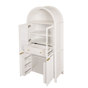 English Elm 71" Fluted Tall Arched Pantry Cabinet with Tempered Glass Door, Adjustable Shelves, Silent Drawer, Anti-Tip Safety and Stylish Metal Handles for Kitchen Living Dining White W2917P384723