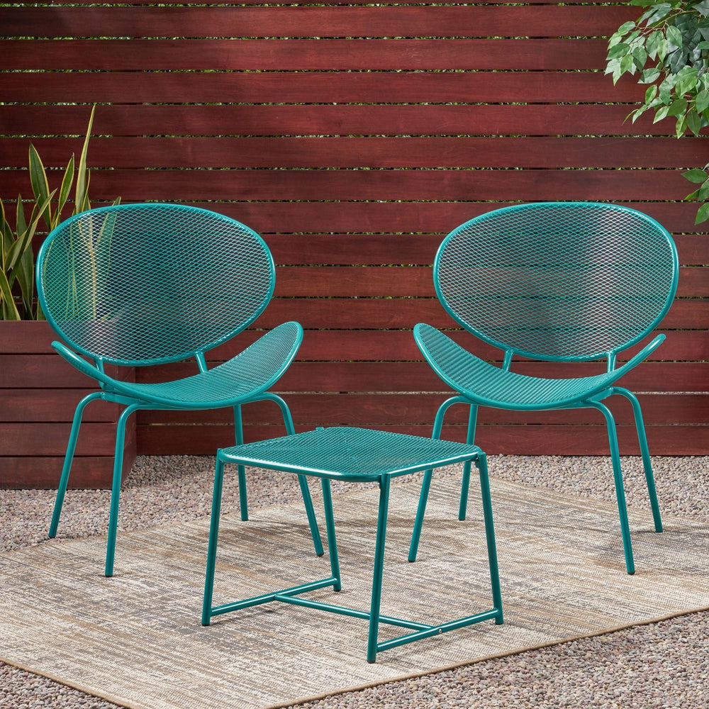 English Elm Christopher Knight Home® - ELBA Modern Mesh Shell Chat Set with Powder-Coated Iron Frame, Retro Minimal Outdoor Seating Teal N775P250740T