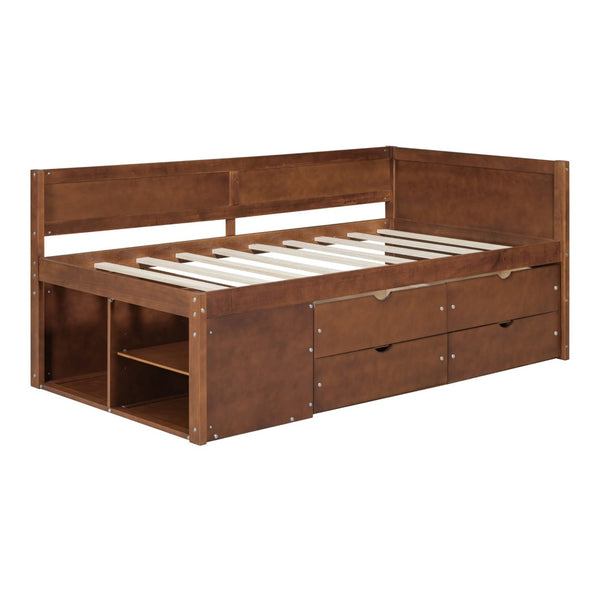 English Elm Twin Daybed with Two Pull Out Drawers and Open Shelves for Small Bedroom Storage Walnut LP102022AAD