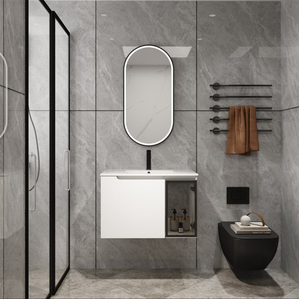 English Elm 30" Floating Bathroom Vanity Glossy White Plywood Cabinet with Frosted Glass Door W999S00524