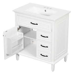 English Elm 30 Inch Freestanding Bathroom Vanity Solid Pine Cabinet Ceramic Sink Top Storage White N725P412782K
