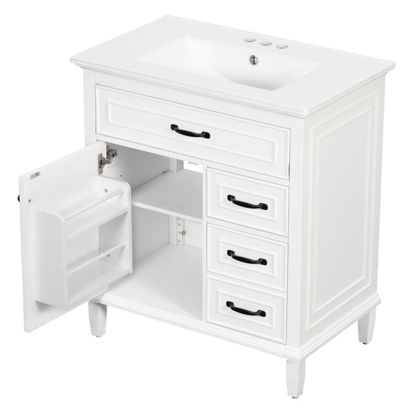 English Elm 30 Inch Freestanding Bathroom Vanity Solid Pine Cabinet Ceramic Sink Top Storage White N725P412782K