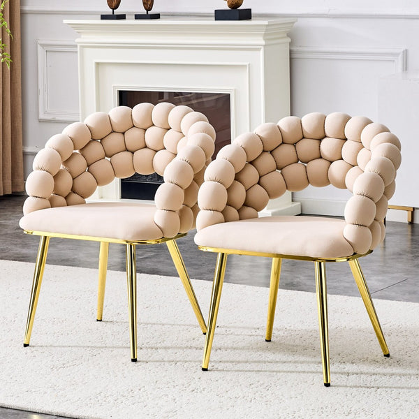 English Elm Set of 2 Velvet Bubble Back Dining Chairs with Sculptural Chain Backrest Glam Legs Beige,Gold W1512P491849
