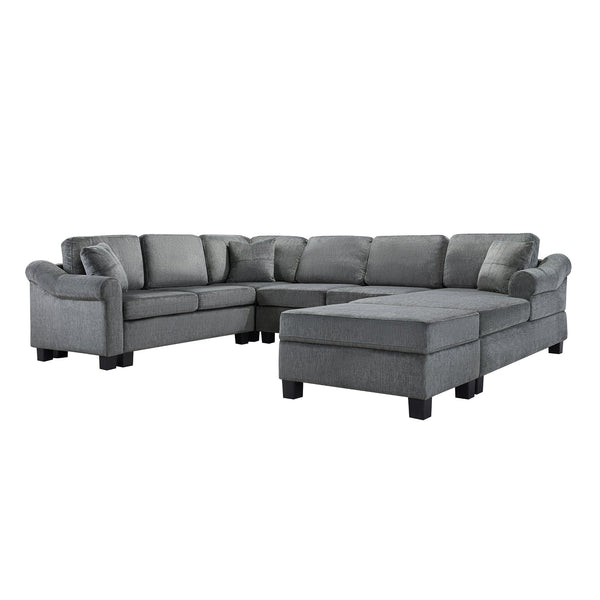 English Elm Sectional Plush chenille U-shaped sofa with pleated arms, pocket-spring seats & hidden ottoman storage Dark Gray N719S000810R