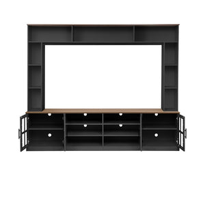 English Elm 95.5" Modern Farmhouse Wall Unit Mdf Bookshelf with Tempered Glass Cabinet Doors Black SJ000161AAB