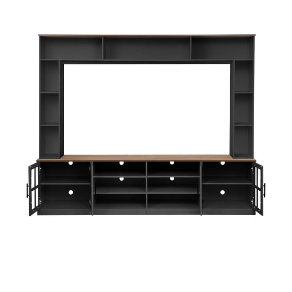 English Elm 95.5" Modern Farmhouse Wall Unit Mdf Bookshelf with Tempered Glass Cabinet Doors Black SJ000161AAB