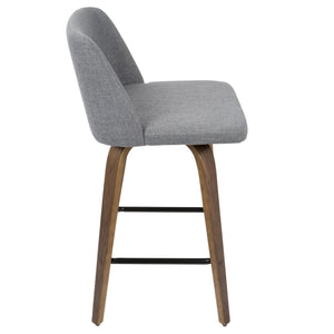English Elm Toriano Mid-Century Modern Counter Stool Pair - Upholstered Swivel Seat, Bentwood Frame, Footrest Grey B202S00389