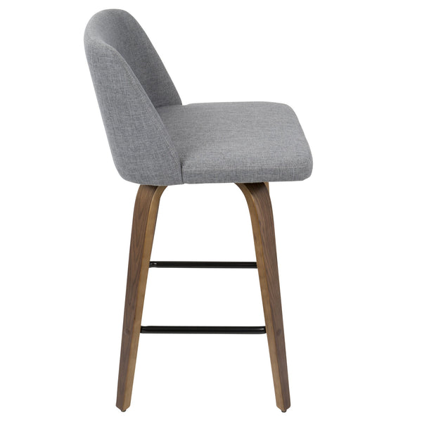 English Elm Toriano Mid-Century Modern Counter Stool Pair - Upholstered Swivel Seat, Bentwood Frame, Footrest Grey B202S00389