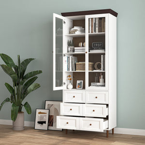 English Elm White MDF Display Storage Cabinet with Glass Doors, Adjustable Shelves, Durable Freestanding Pantry Organizer for Kitchen & Living Room W409P195106