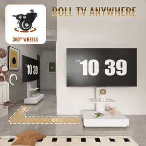 English Elm Tv Rolling Cart with Swivel Mount Lockable Wheels Pull Out Drawer Iron Frame White W241P246899