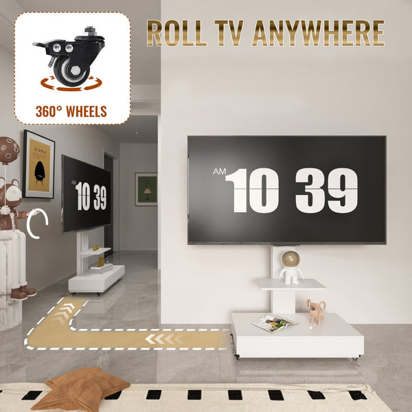 English Elm Tv Rolling Cart with Swivel Mount Lockable Wheels Pull Out Drawer Iron Frame White W241P246899