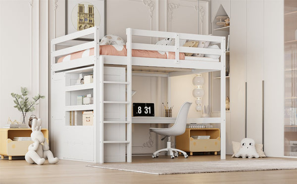 English Elm Wood Full Size Loft Bed with Built-In Desk, Wardrobe, Shelves & Drawers for Space-Saving Rooms White GX000466AAK