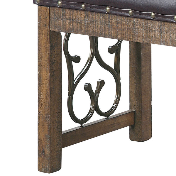 English Elm Black Black and Weathered Cherry Bench with Nailhead Trim, PU Leather Upholstery, Sturdy Pedestal Bases, Elegant Dining Accent — 56.5" Length B062P189064