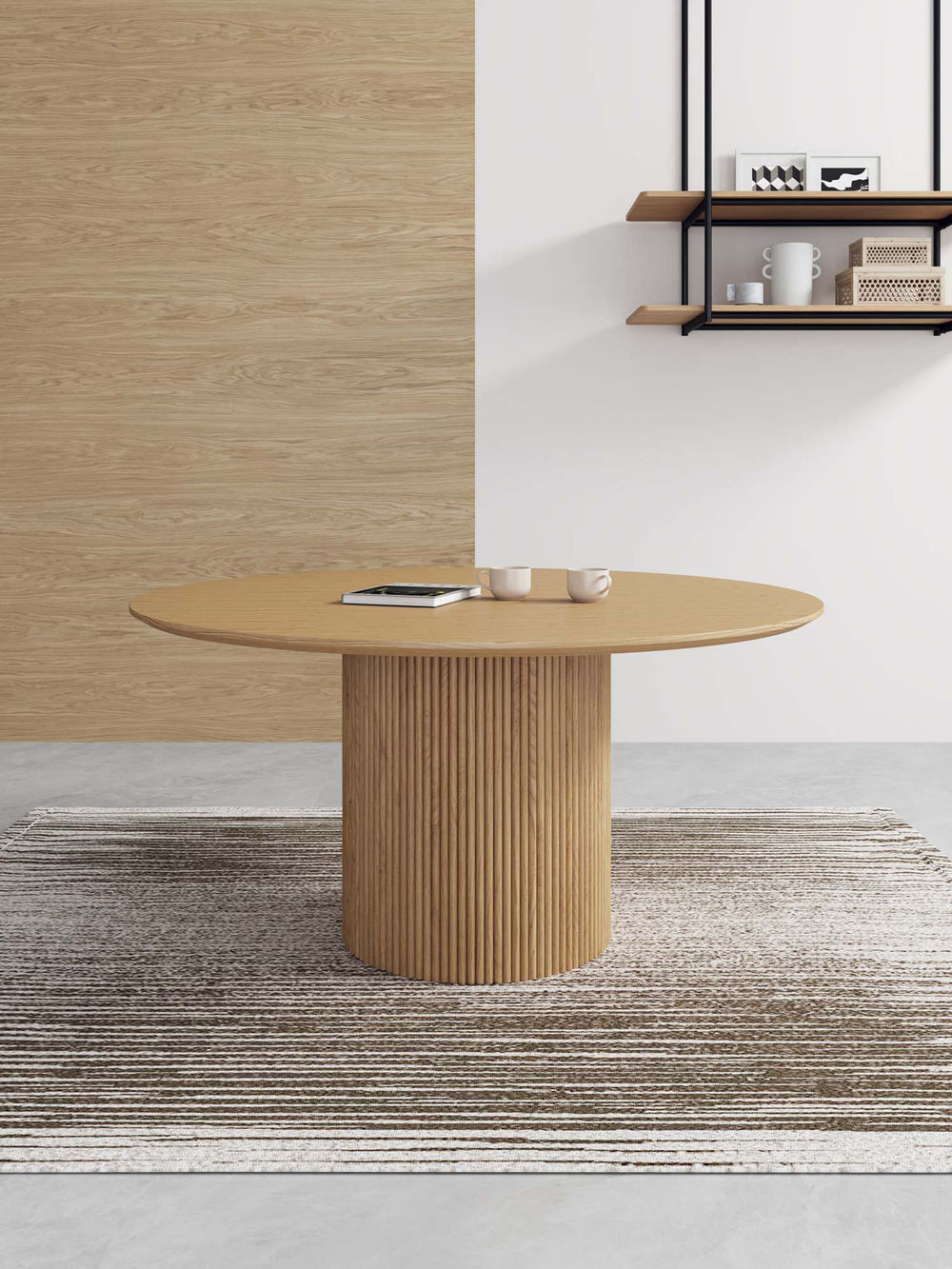 English Elm Hathaway 59" Round Dining Table – Natural Solid Ash Wood, Ribbed Base, Seats 6, Modern & Durable Design B365S00097