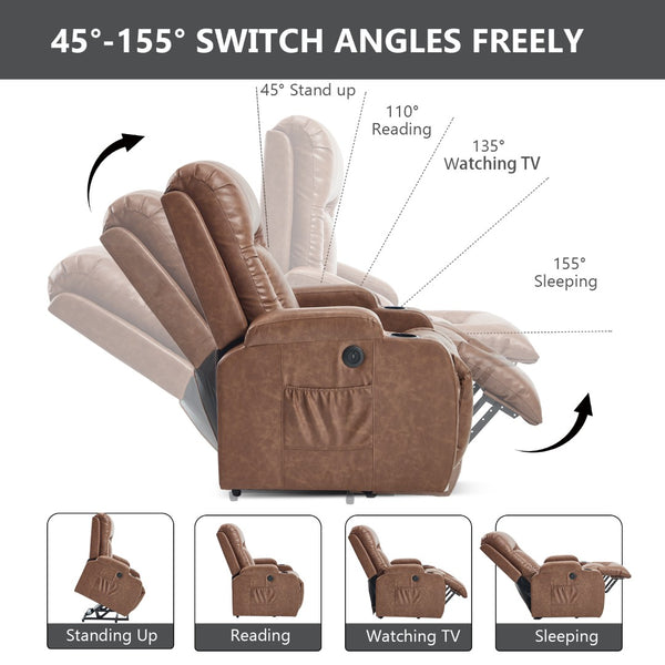 English Elm Beige Pu Leather Power Lift Recliner with Massage Lumbar Heat and Usb Charging Brown W1803S00083