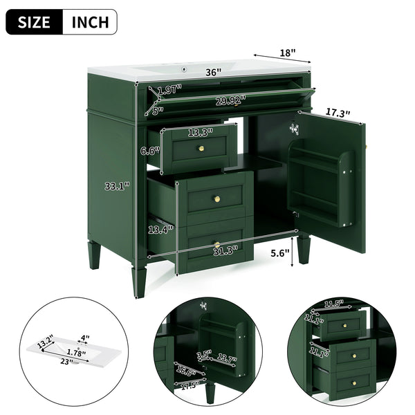 English Elm 36'' Modern Bathroom Vanity With Top Sink, 3 Drawers, Roman Legs & Adjustable Shelving For Storage SW000119AAF-2